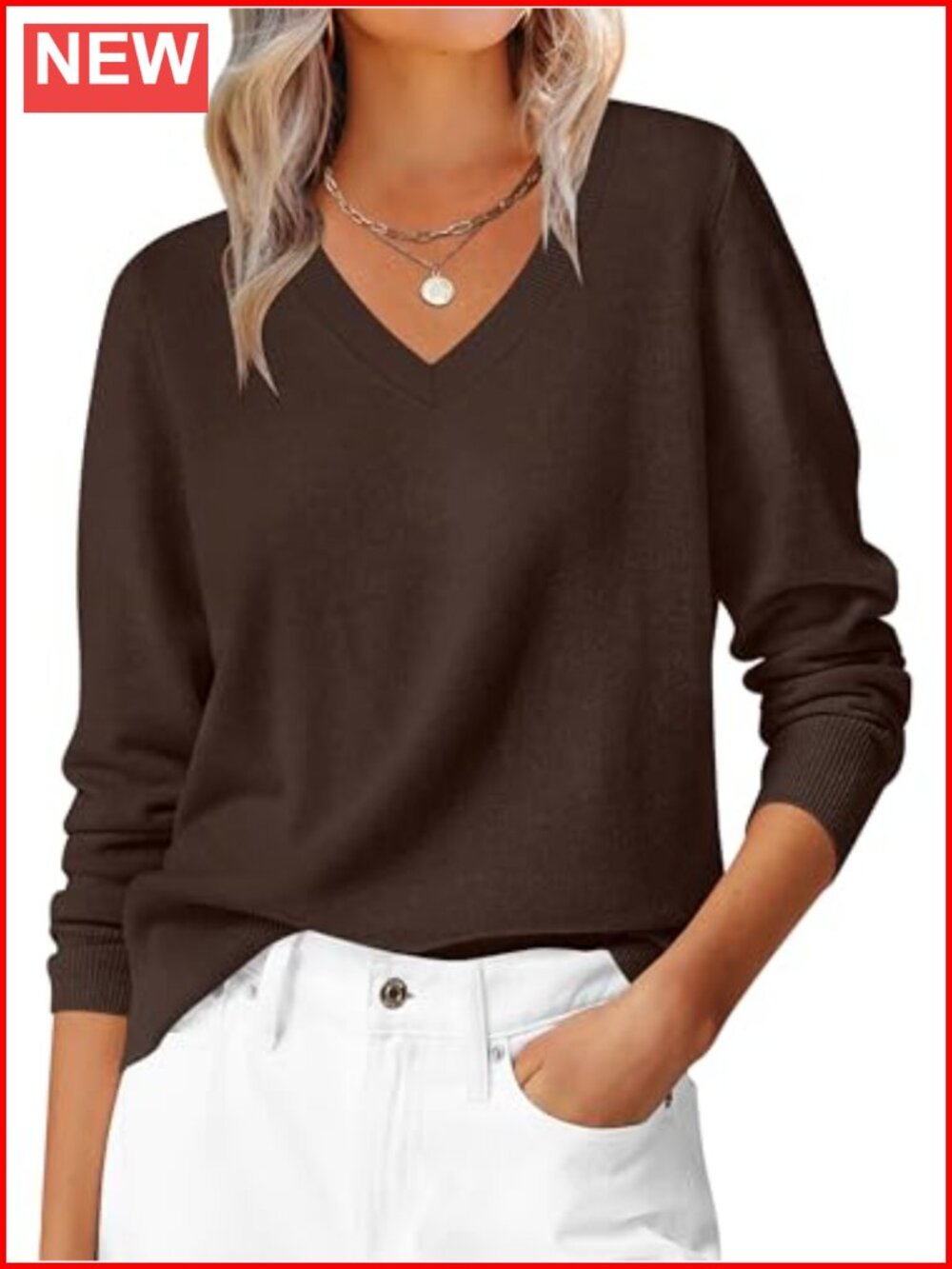 Women's Long Sleeve V Neck Pullover Sweater Lightweight Ribbed Knit Top